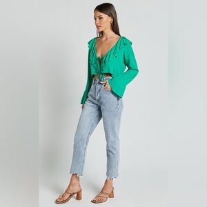 Showpo rumina casual flowy ruffle tie front cropped longsleeve top in green 4